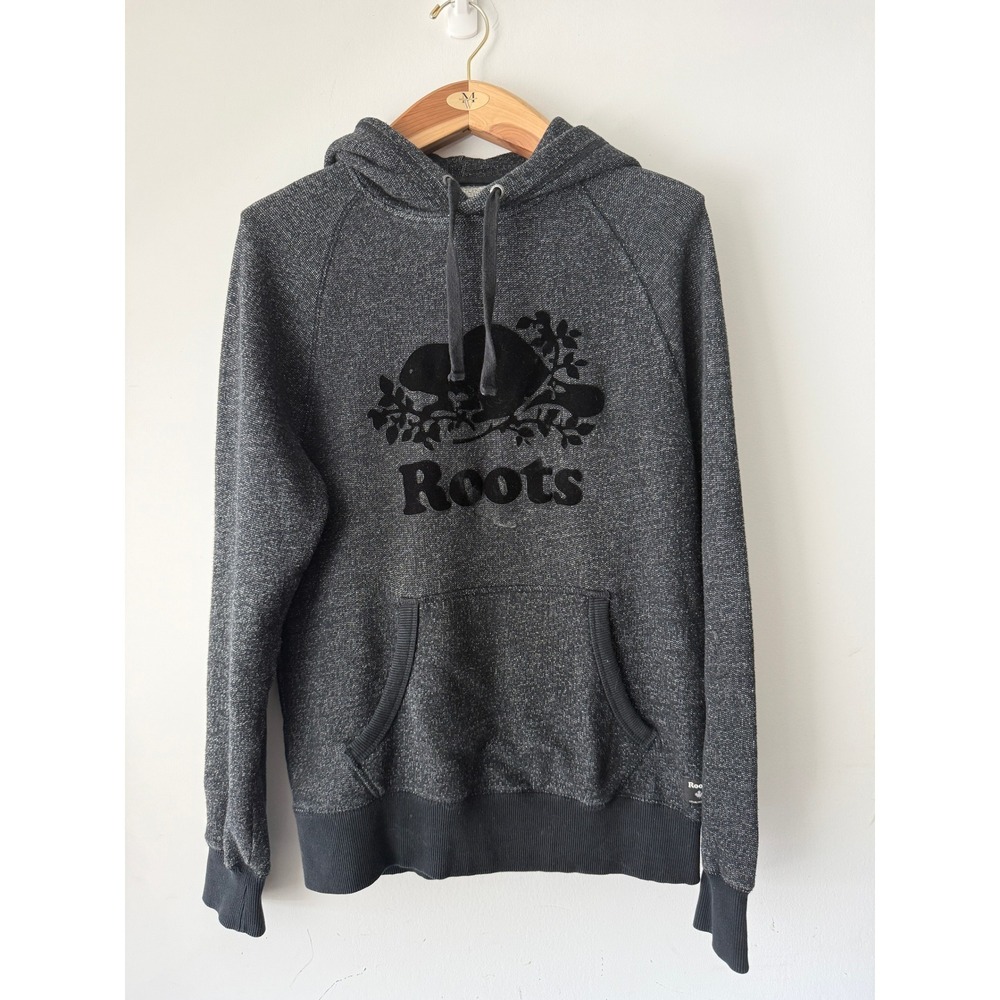 Roots Canada Salt and Pepper Hoodie Men Grey Beaver Logo Sweatshirt Small